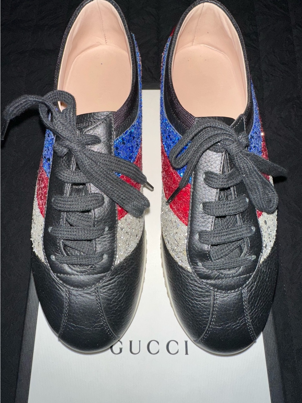 Gucci Black Sneakers with Red, Blue & Silver Glitter Waves - Picture 3 of 7